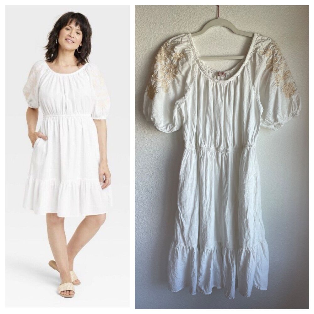 Target Knox Rose Women's Embroidered Puff Sleeve Peasant Dress in White Medium